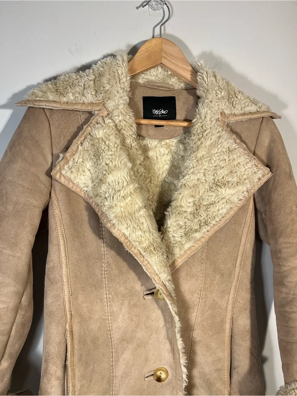 Mossimo Tan Faux Suede Coat Faux Fur Shearling Lining 70s Vintage Inspired